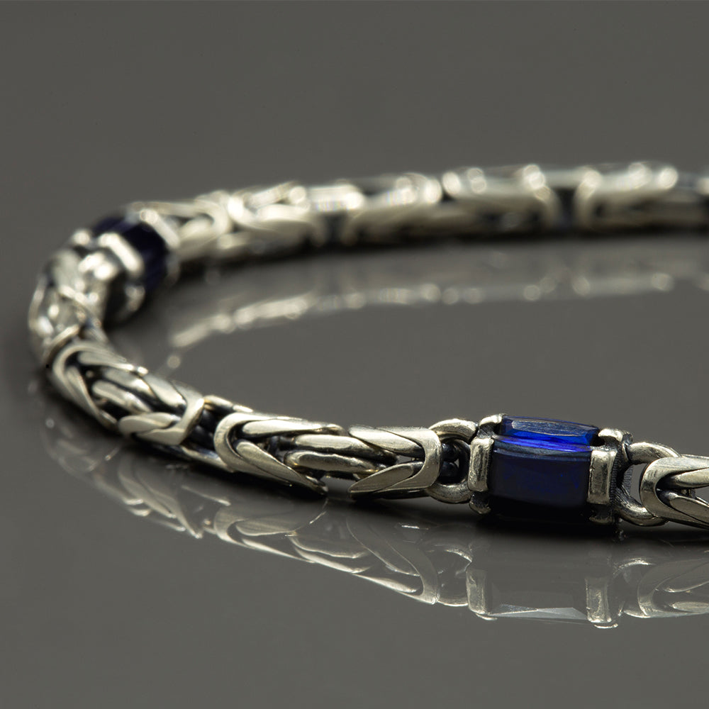 925 Silver Sapphire Stone Byzantine King Chain Bracelet