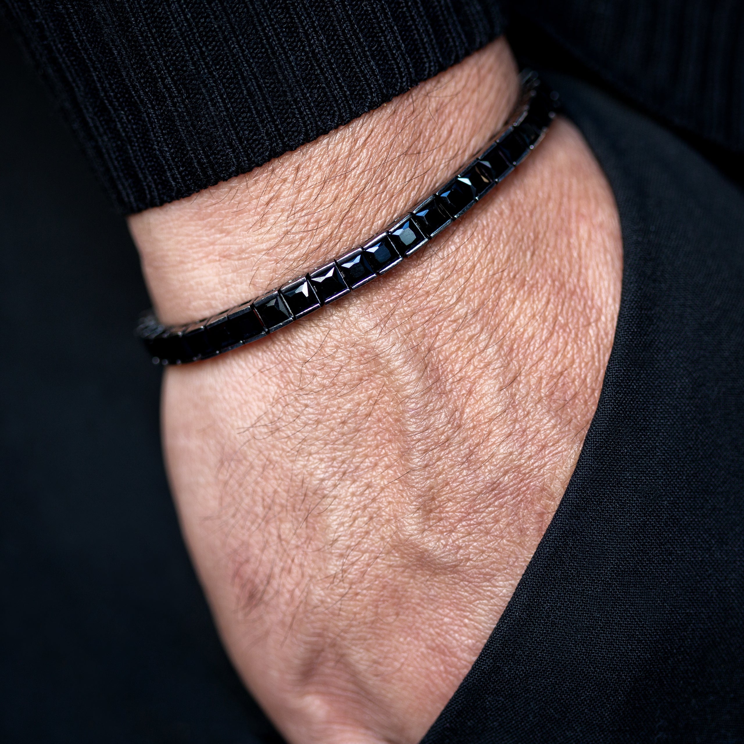 925 Silver Men Square Black Diamond Tennis Bracelet, Elegant Black Tennis Bracelet