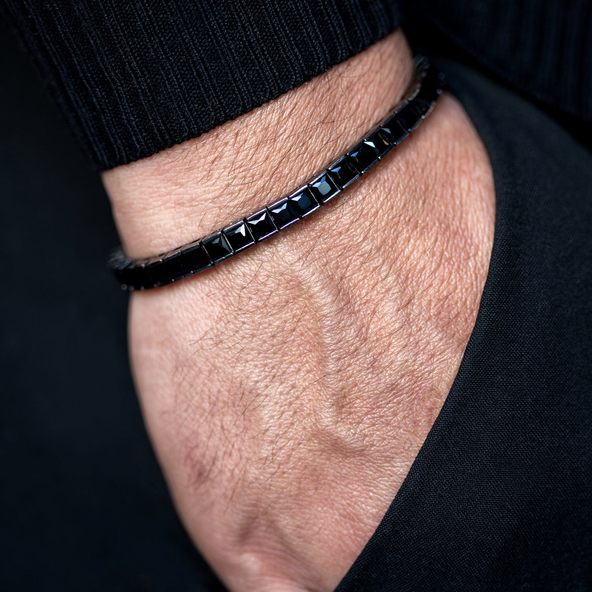 925 Silver Men Square Black Diamond Tennis Bracelet, Elegant Black Tennis Bracelet