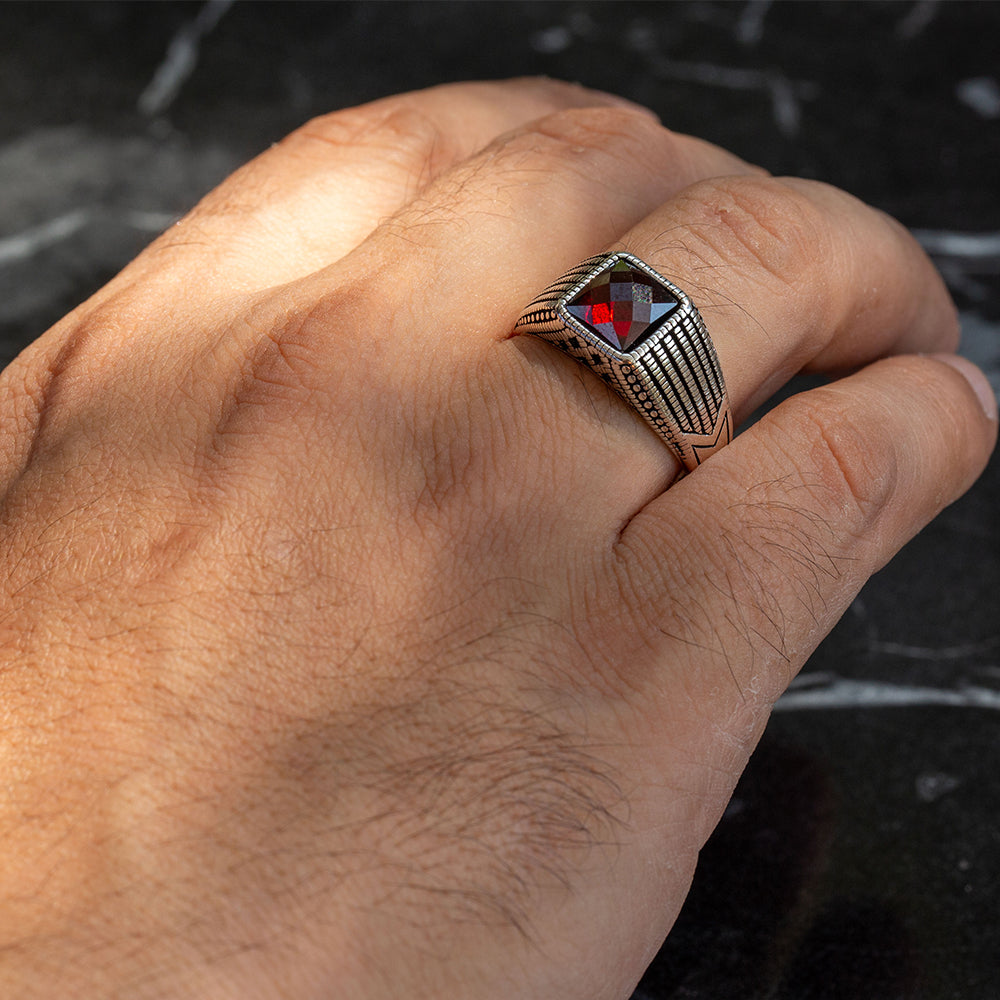 Men Handmade Minimal Red Ruby Gemstone Ring
