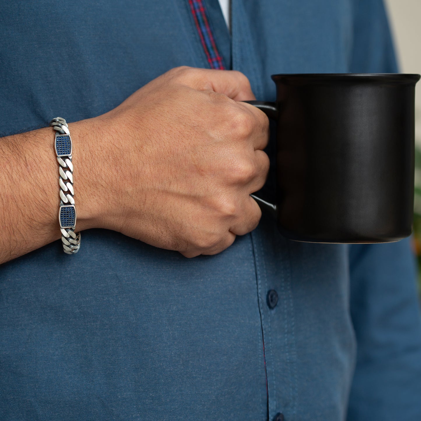 Men Handmade Sapphire Stone 10MM Cuban Link Chain Bracelet