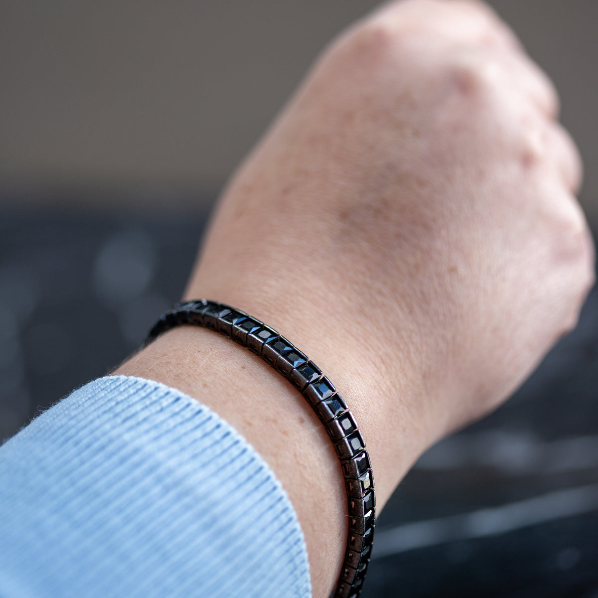 925 Silver Men Square Black Diamond Tennis Bracelet, Elegant Black Tennis Bracelet