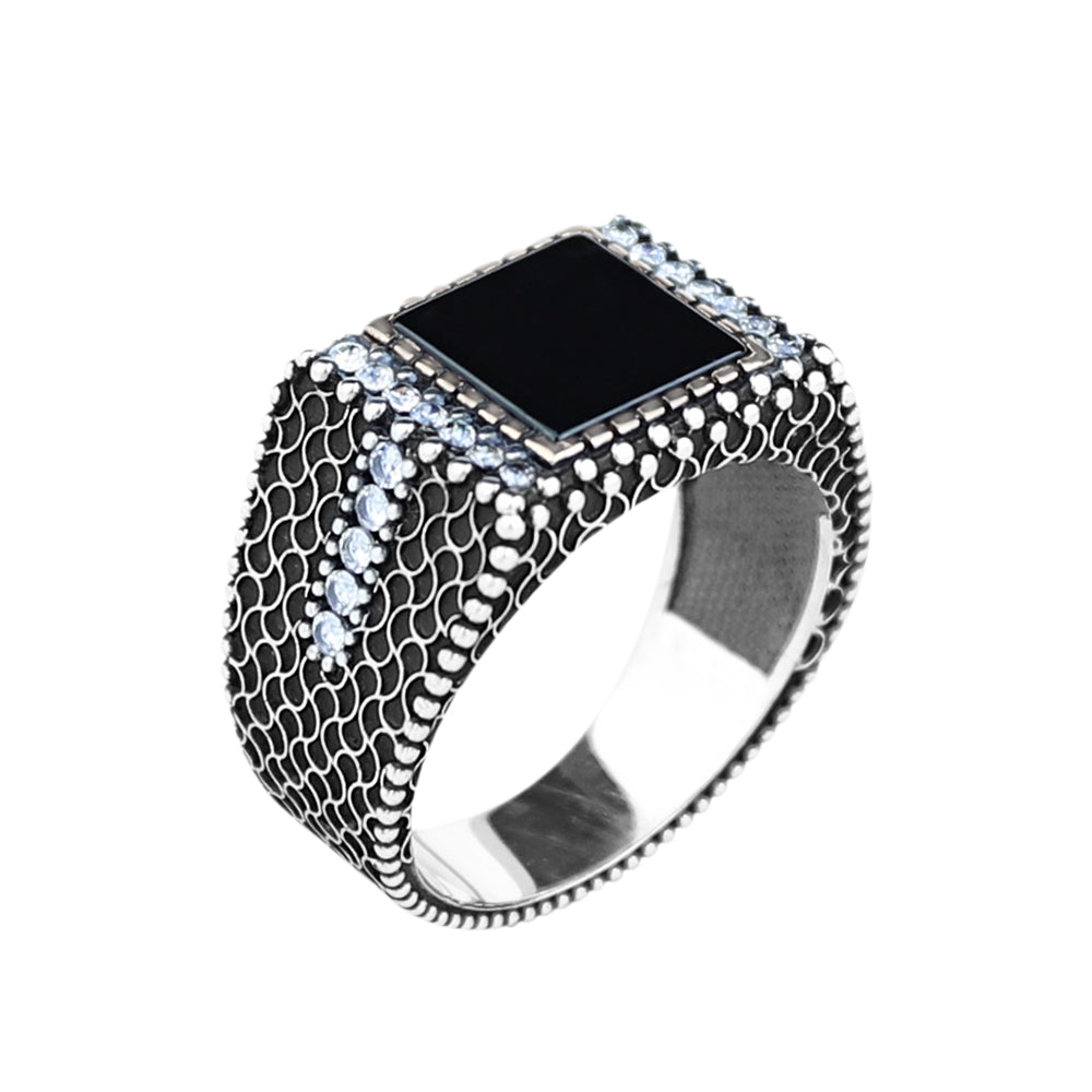 925 Silver Men Handmade Minimal Square Onyx Ring