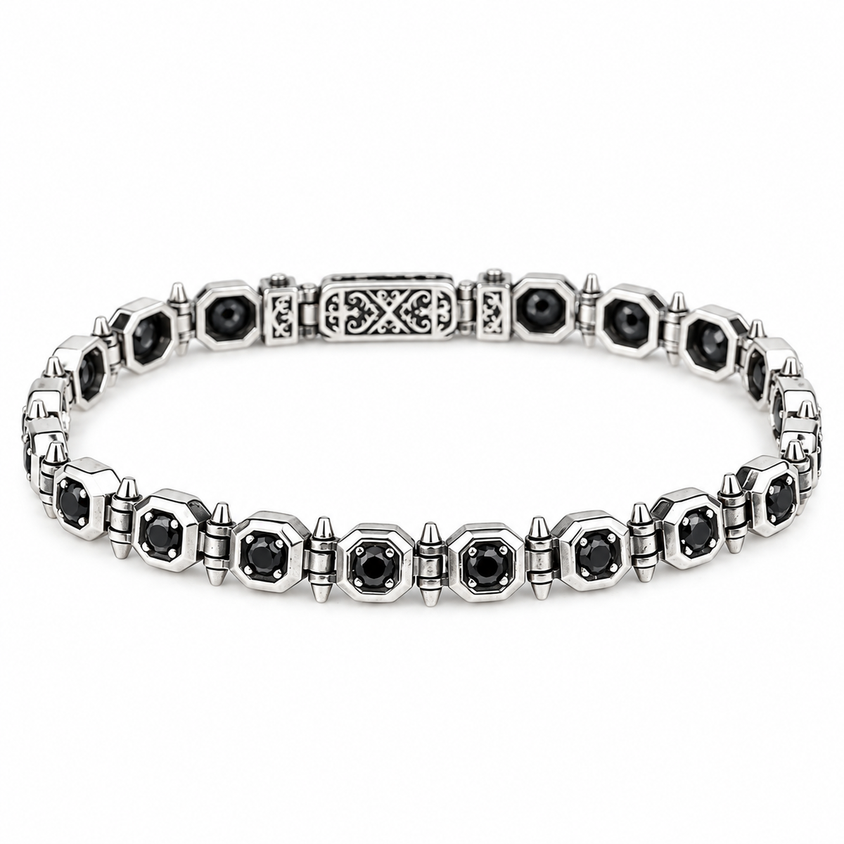 925 Silver Black Onyx Chain Bracelet, Solid Vintage Chain Bracelet, Gothic Chain Bracelet, Men Solid Sterling Silver Chain