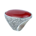 Man Large Red Jade Stone Ring , Silver Large Stone Engraved Style Ring, Turkish Big Handmade Sterling Silver Ring , Gift For Him