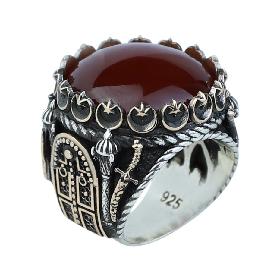 Men Handmade Ring, Round Red Agate Stone Ring , Silver Round Ring, Sword Figured 925k Sterling Silver Ring