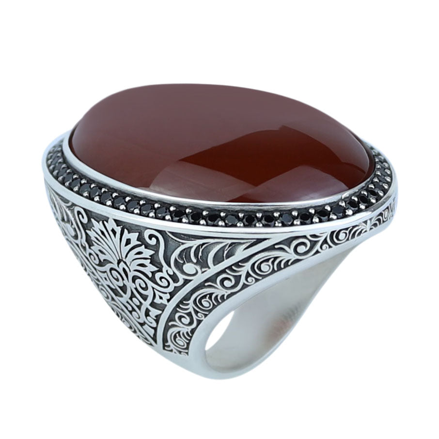 Handmade Men Silver Large Agate Ring, Red Agate Handmade Carnelian Ring, Engraved Silver Ring