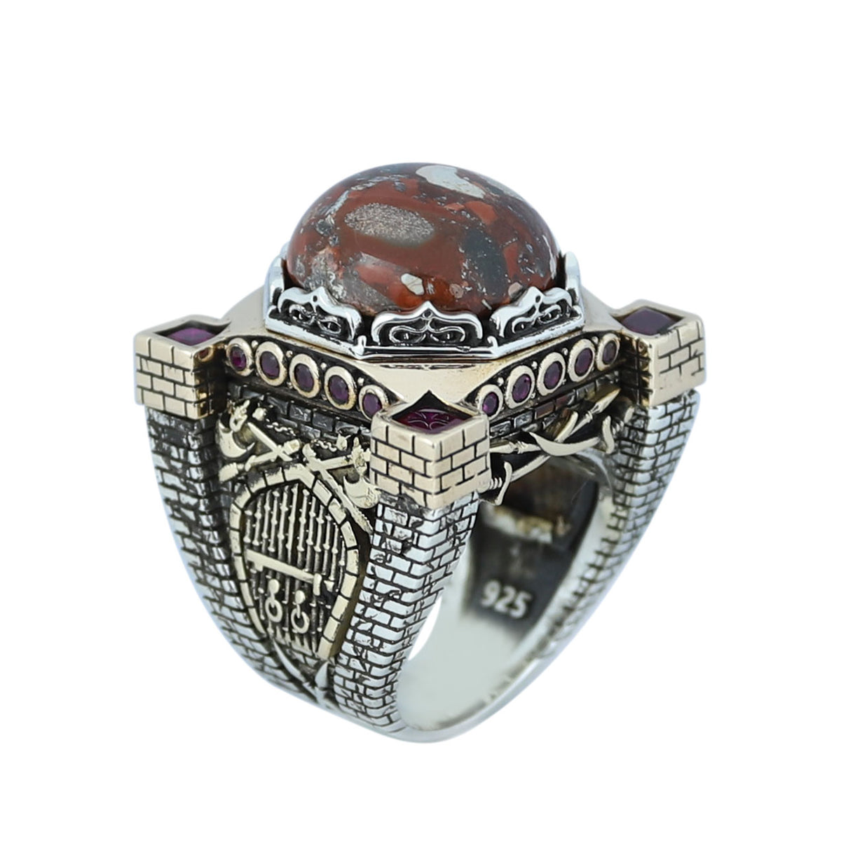 Handmade Turkish Men's Ring, Ottoman Style Axe Figured Red Agate Stone Ring, Sterling Silver Signet Ring