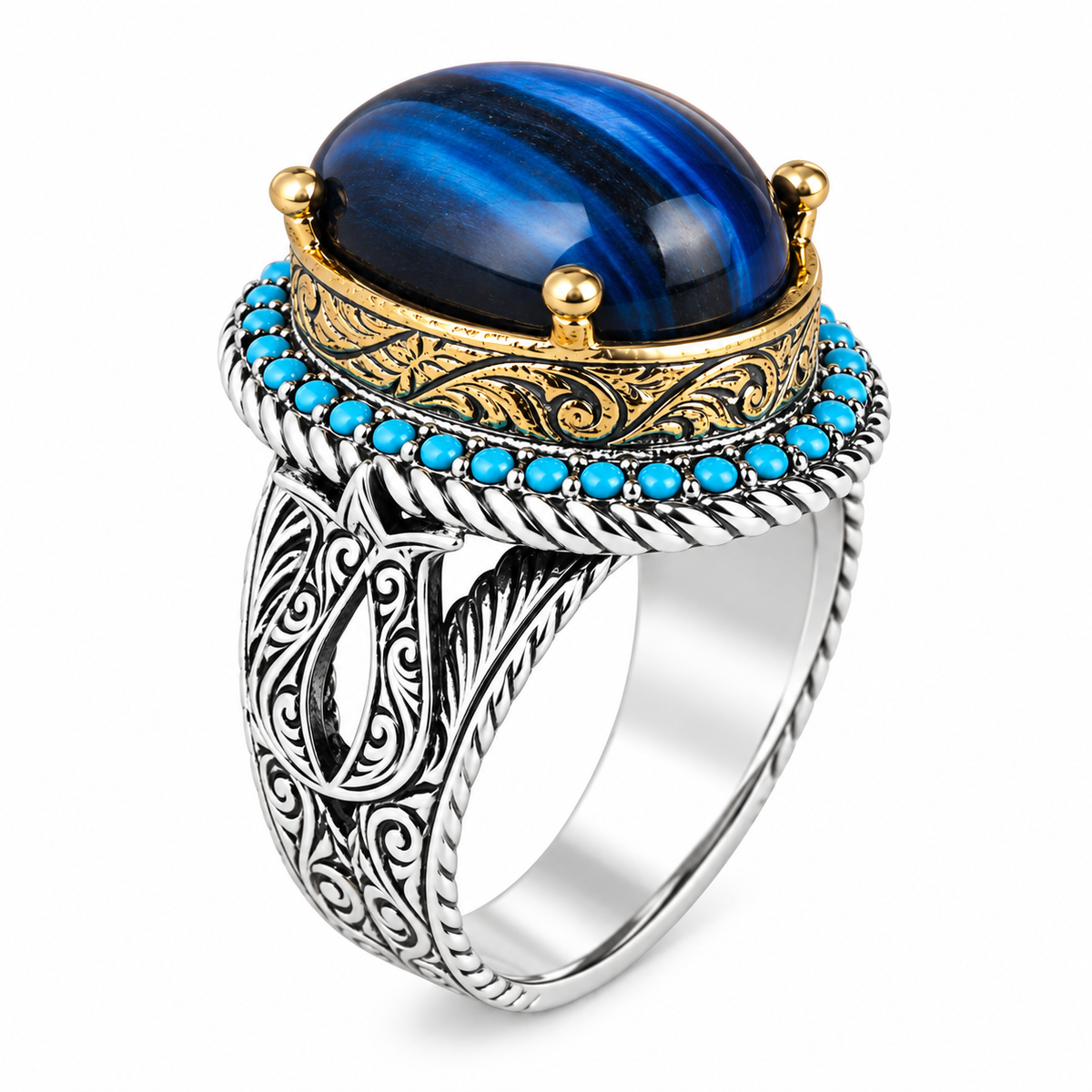 925 Silver Blue Tiger Eye Stone Ring, Vintage Tiger Eye Gemstone Ring , Handmade Silver Ring , Ottoman Style, 925K Sterling Silver Ring