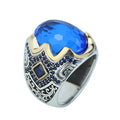 925 Men Silver Aquamarine Ring, Handmade Natural Blue Aquamarine Ring, Turkish Men Engraved Ring, Vintage Mens Ring