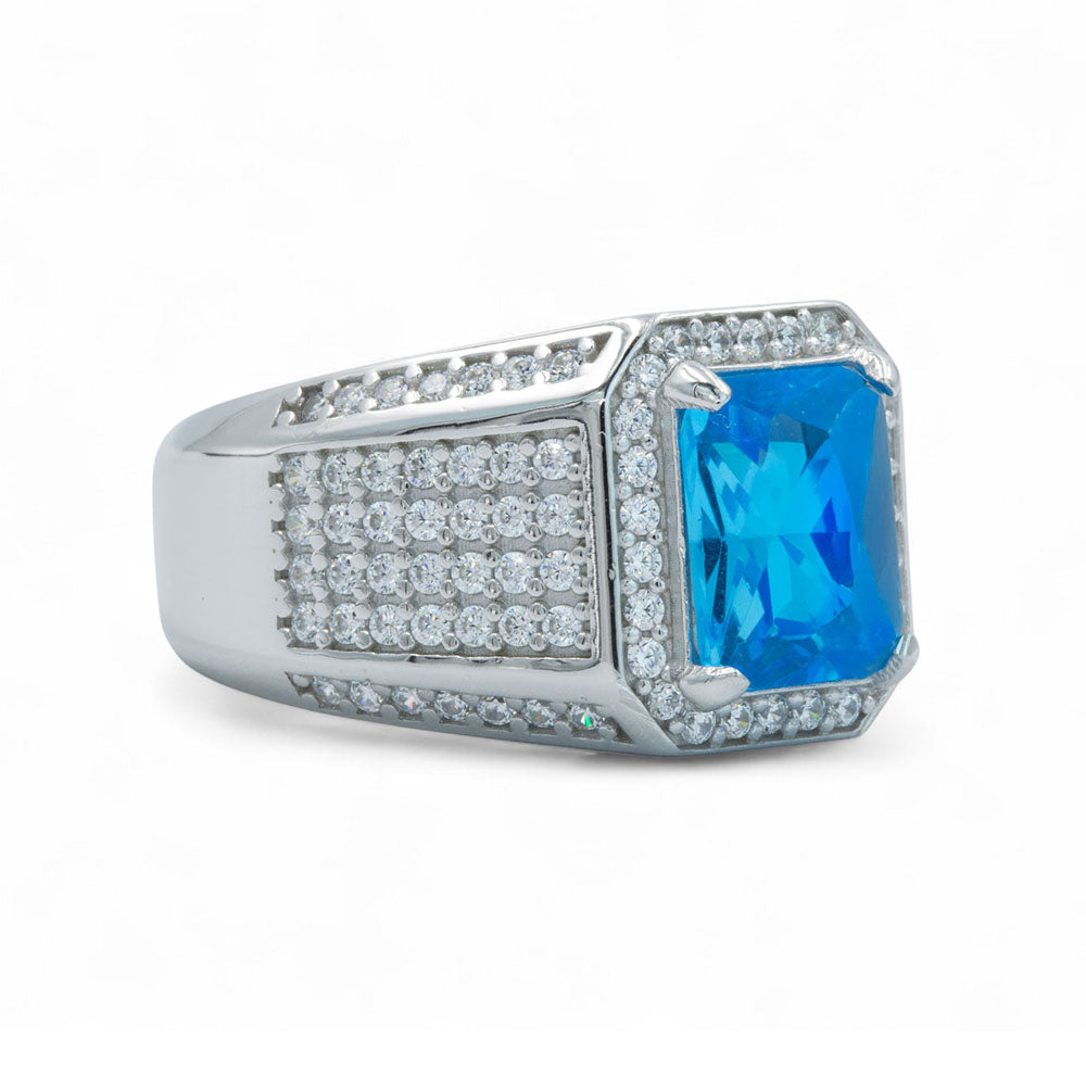 925 Silver Blue Aquamarine Topaz Mens Ring