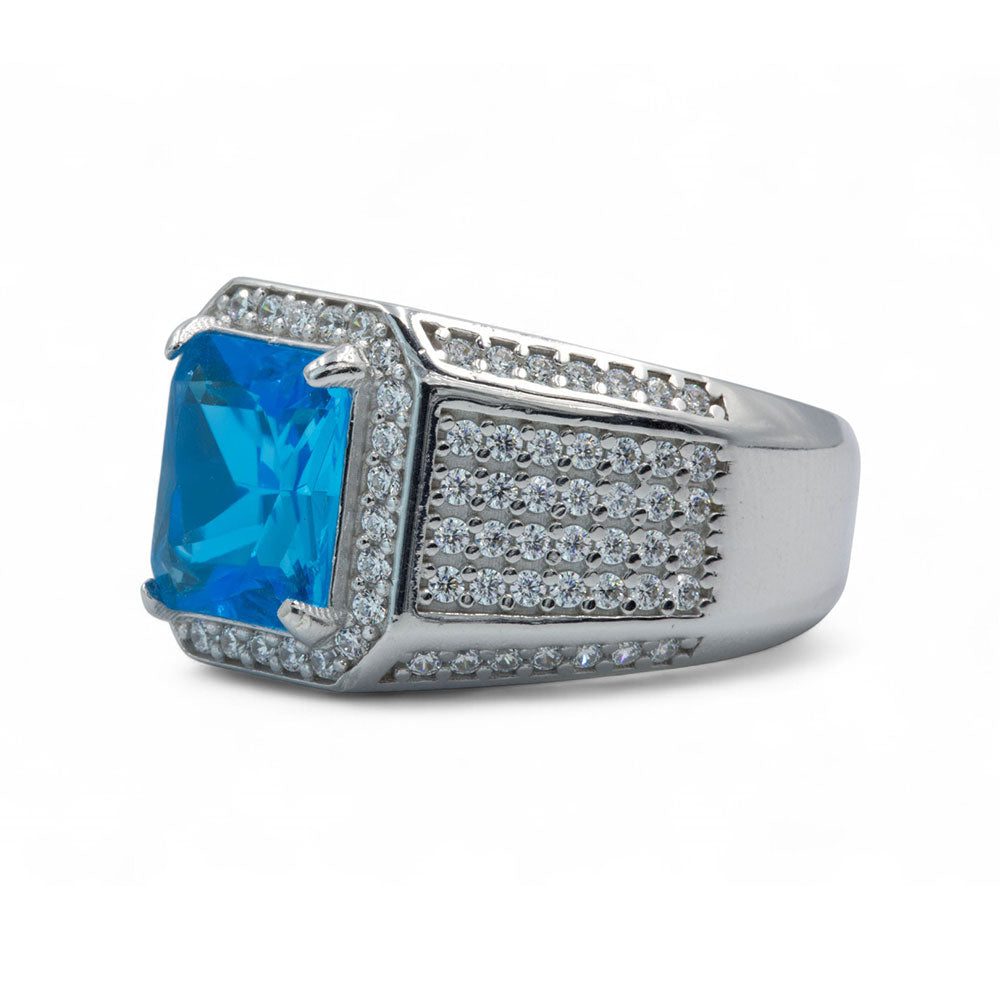 925 Silver Blue Aquamarine Topaz Mens Ring