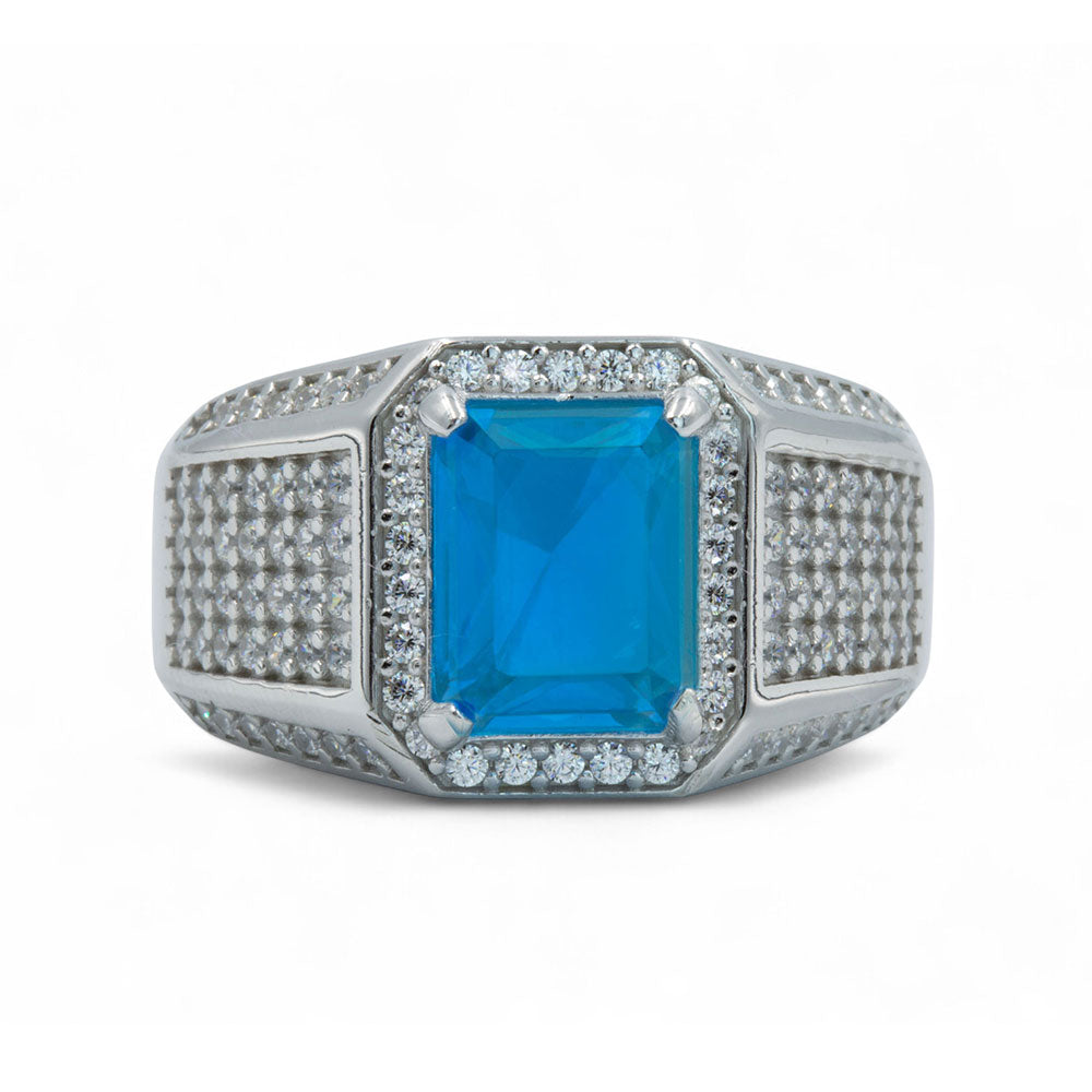 925 Silver Blue Aquamarine Topaz Mens Ring