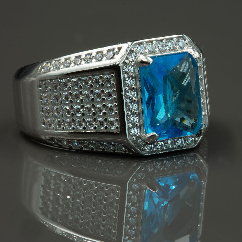 925 Silver Blue Aquamarine Topaz Mens Ring