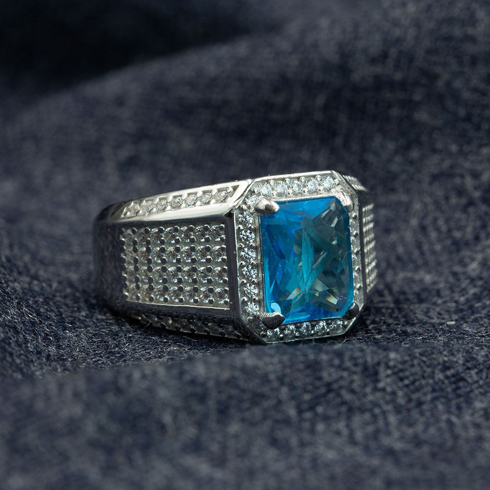925 Silver Blue Aquamarine Topaz Mens Ring