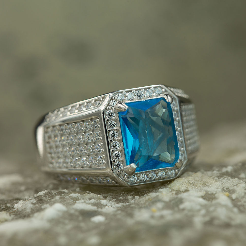 925 Silver Blue Aquamarine Topaz Mens Ring
