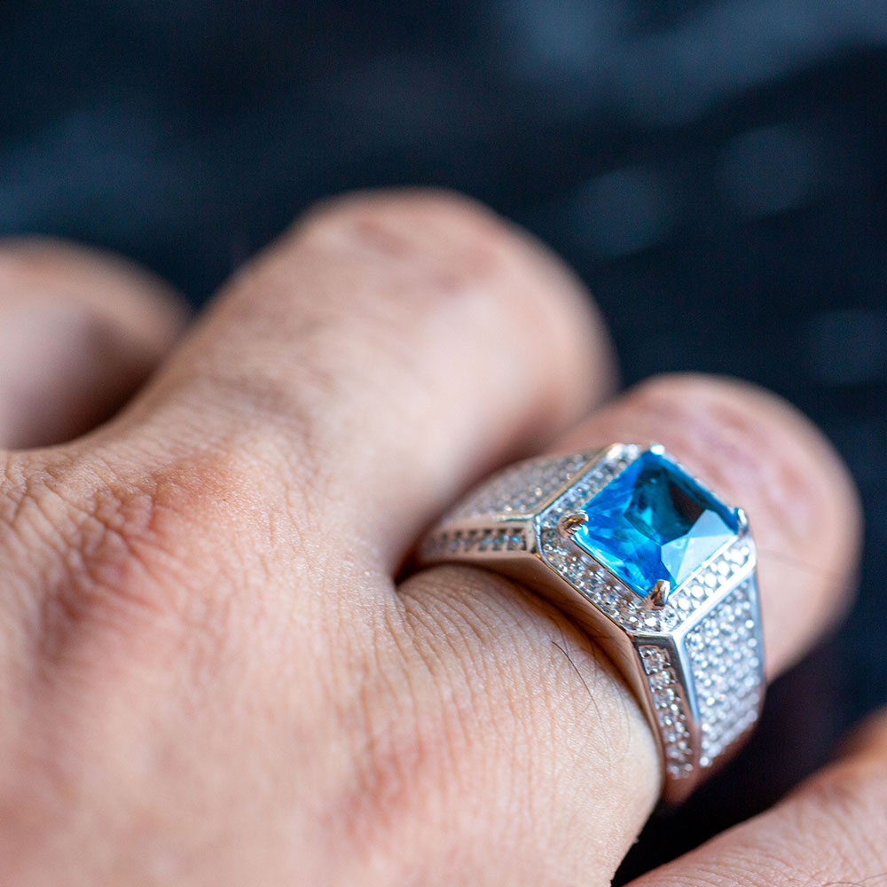 925 Silver Blue Aquamarine Topaz Mens Ring
