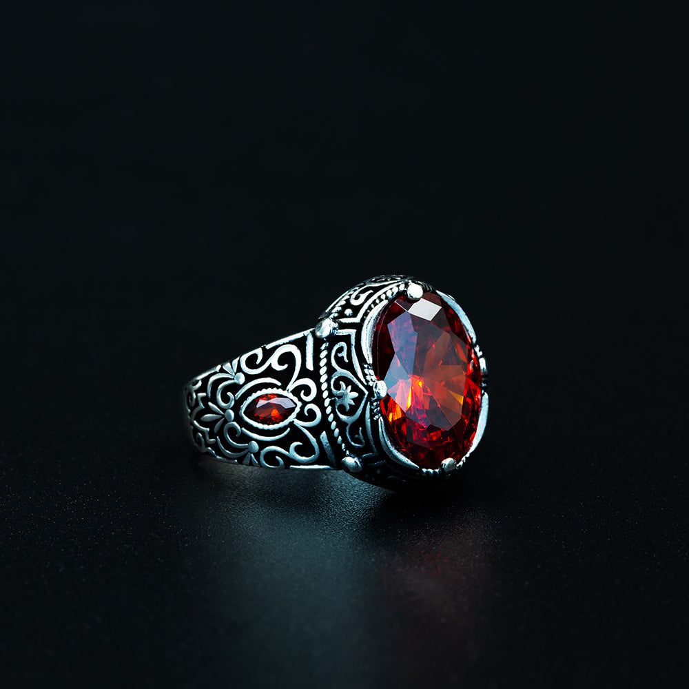 Men Handmade Oval Red Ruby Gemstone Silver Ring