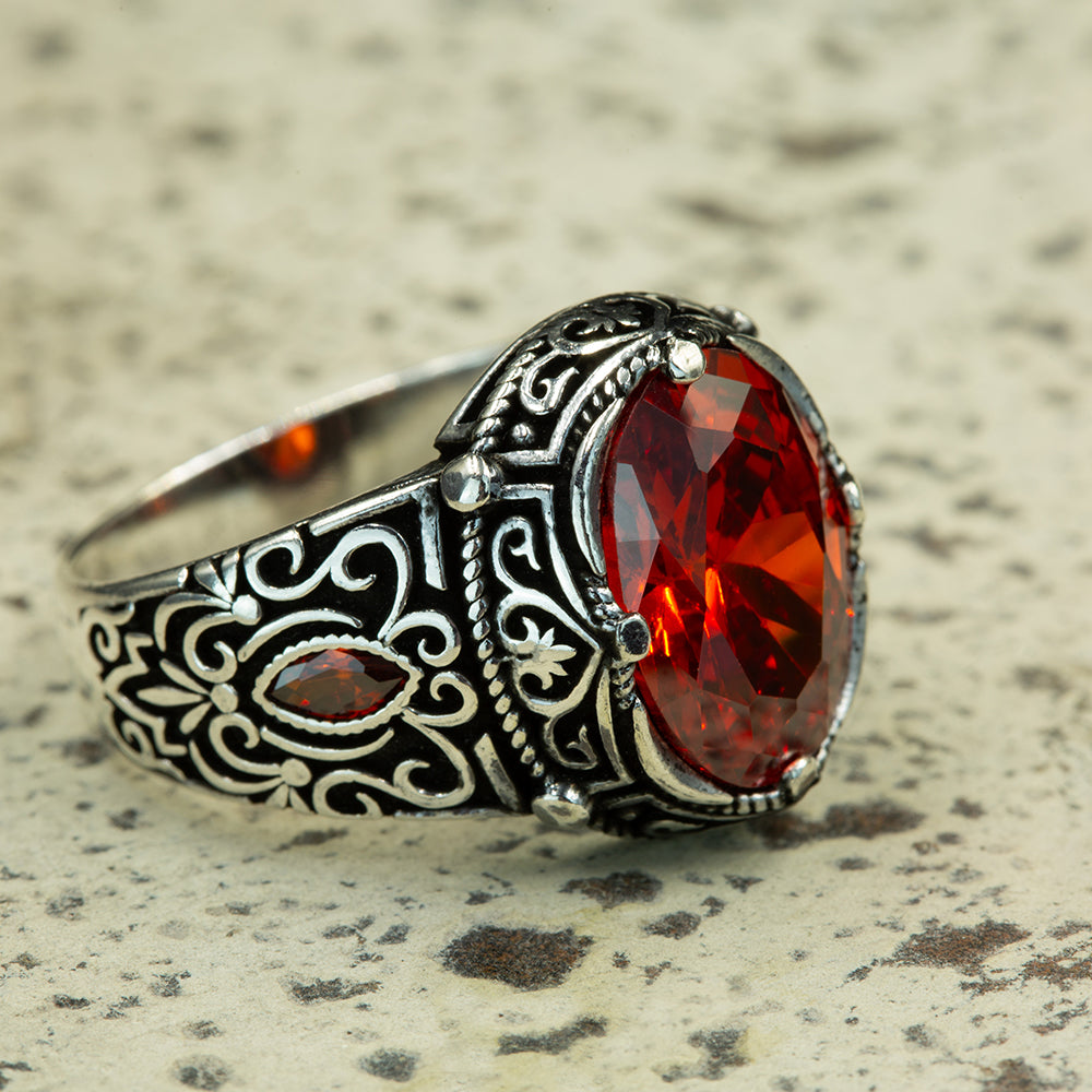 Men Handmade Oval Red Ruby Gemstone Silver Ring