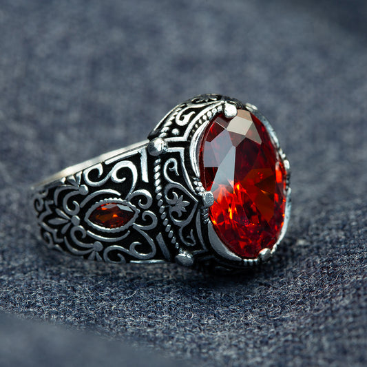 Men Handmade Oval Red Ruby Gemstone Silver Ring
