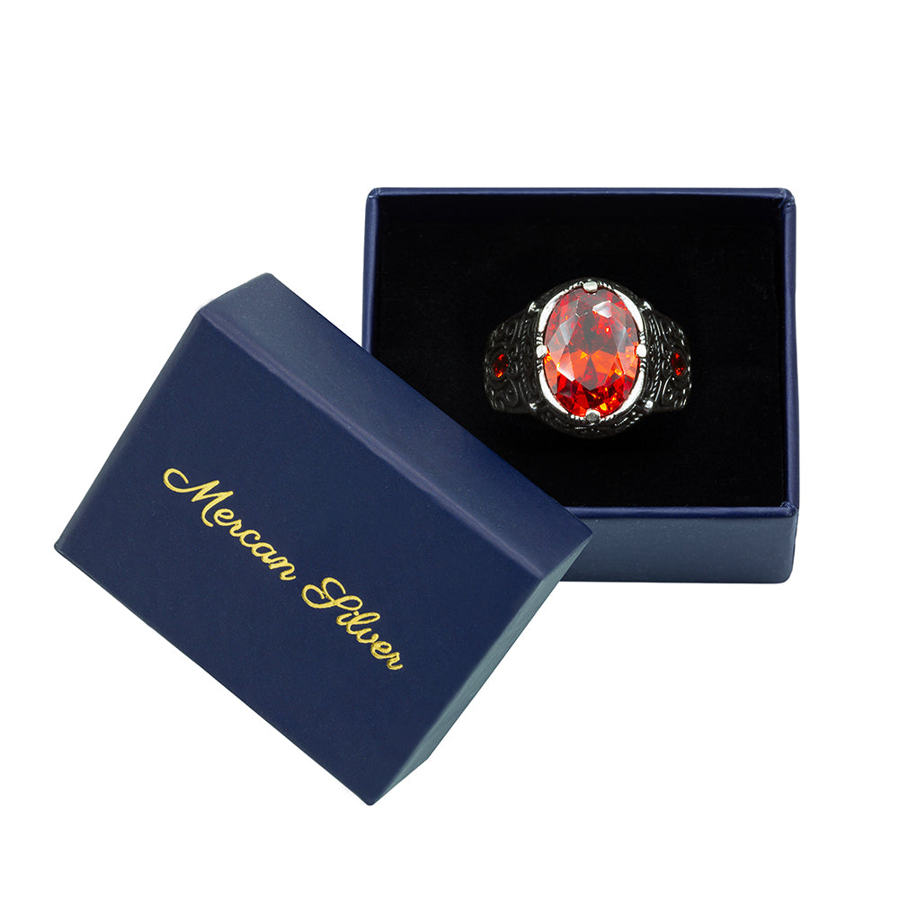 Men Handmade Oval Red Ruby Gemstone Silver Ring