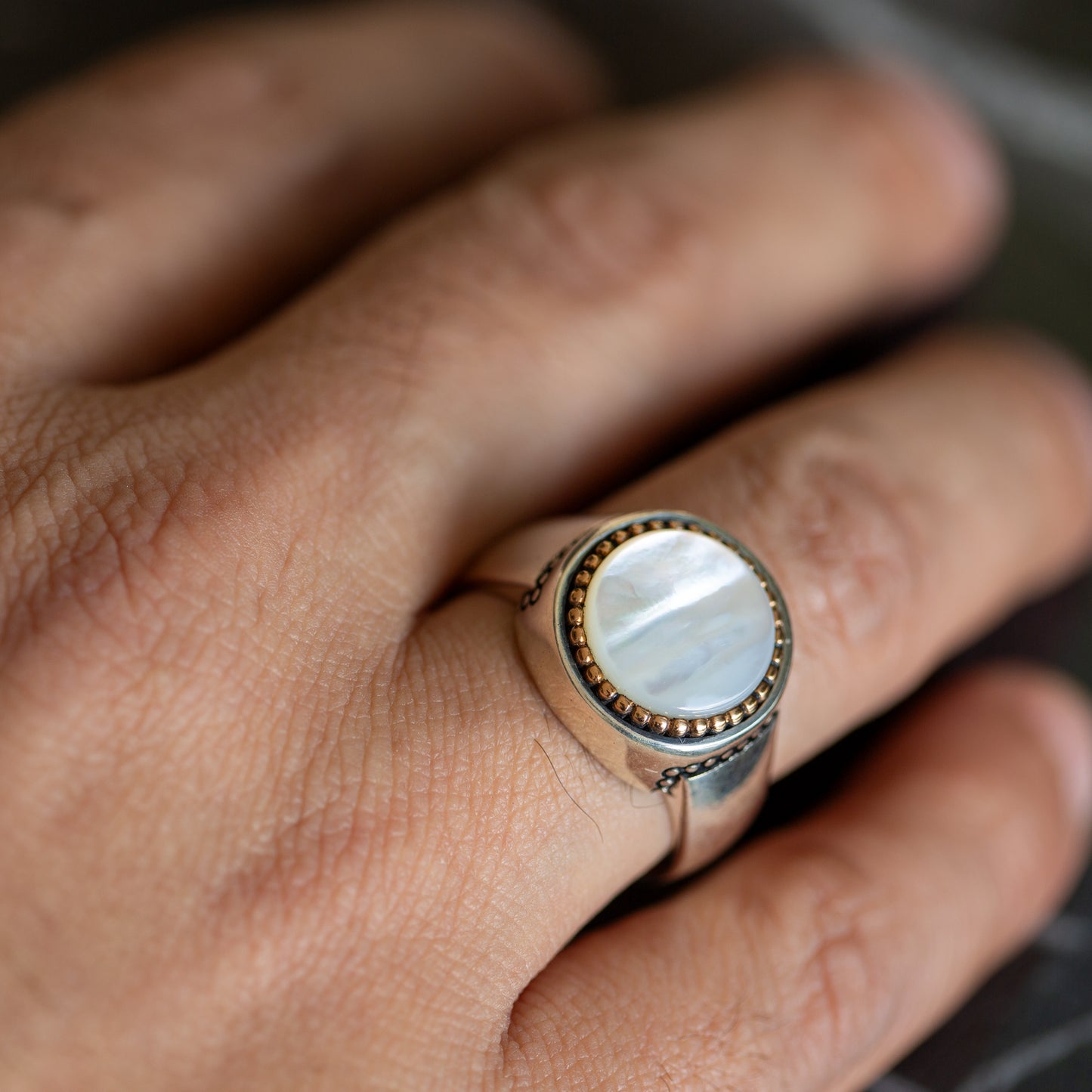 Solid Silver Minimal Round Mother Of Pearl Ring