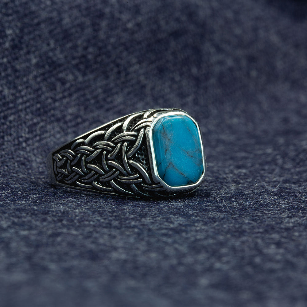 Men Silver Minimal Turquoise Signet Ring