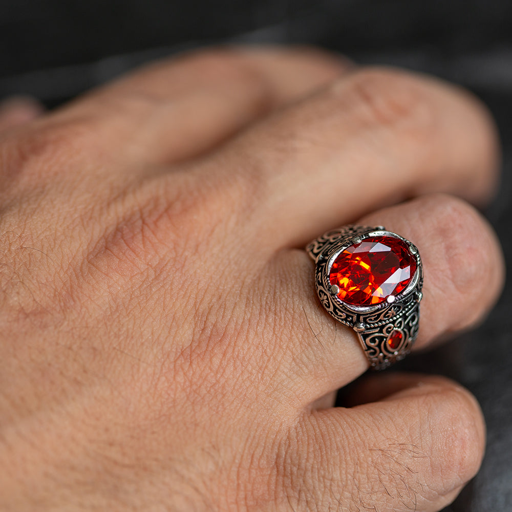 Men Handmade Oval Red Ruby Gemstone Silver Ring
