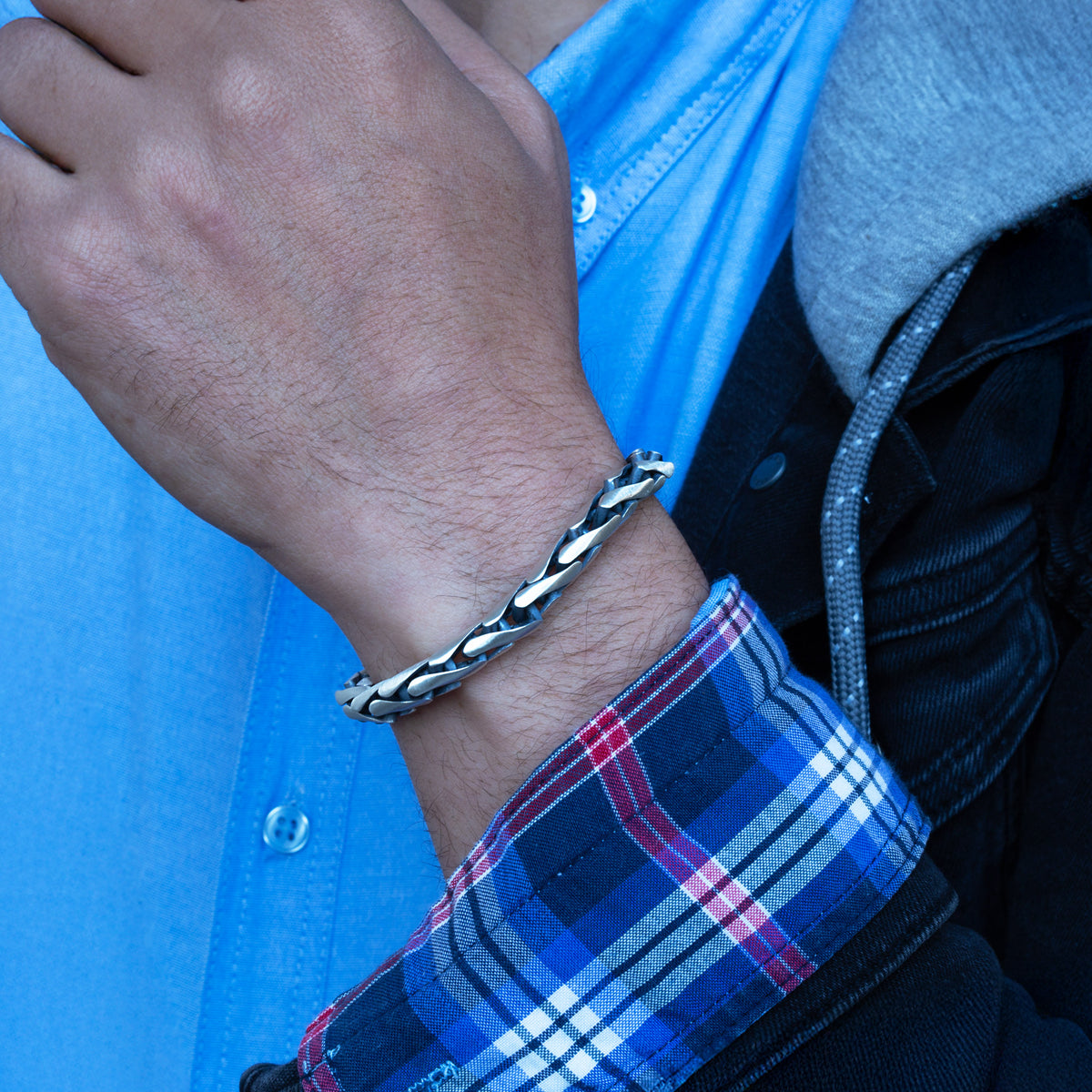 Pulsera de plata 925 hecha a mano para hombre con cadena redonda y gema de ónix.