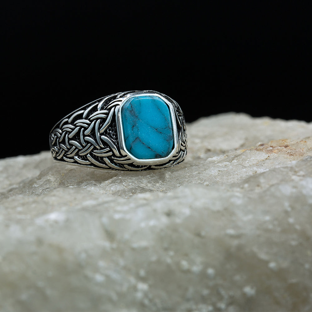Men Silver Minimal Turquoise Signet Ring