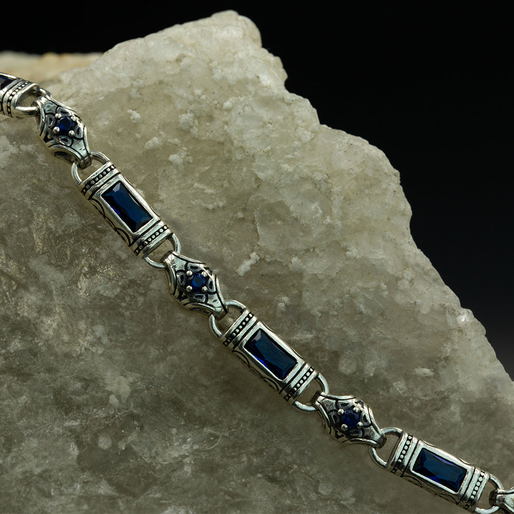 925 Silver Sapphire Byzantine Vintage Chain Bracelet
