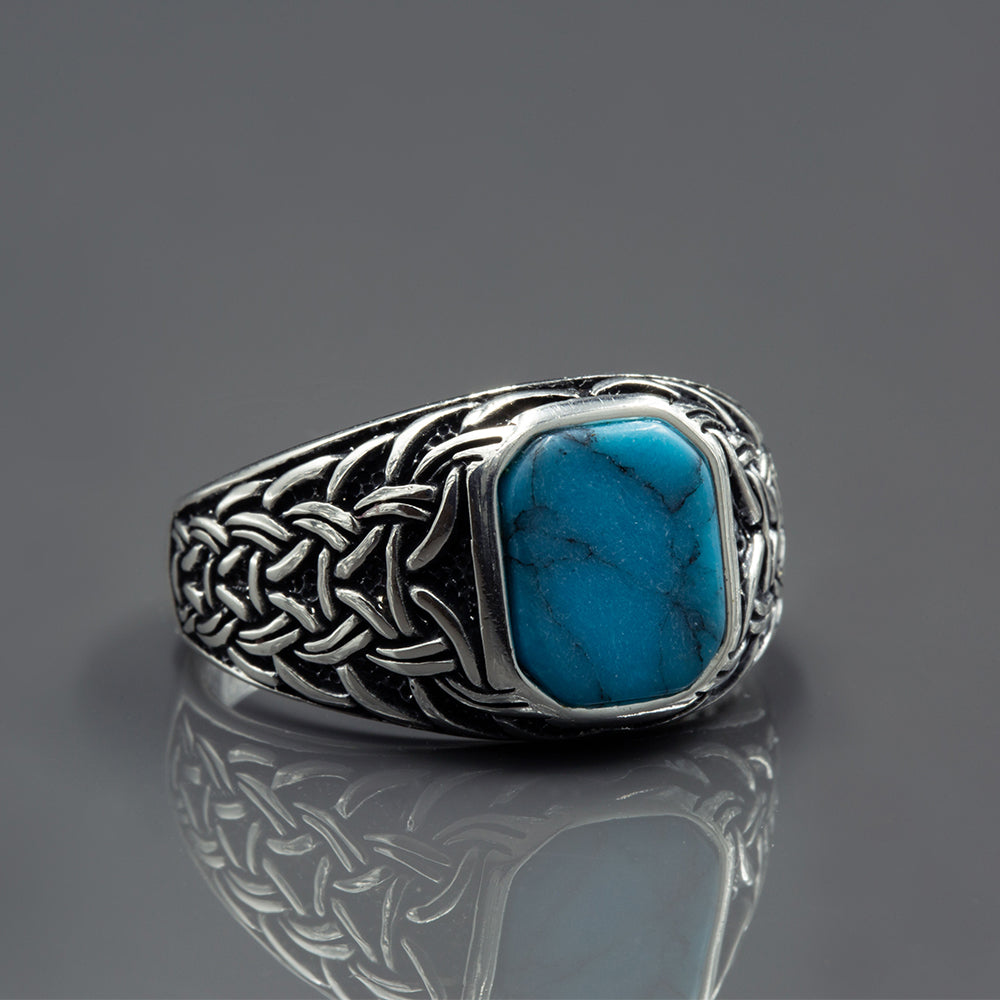 Men Silver Minimal Turquoise Signet Ring
