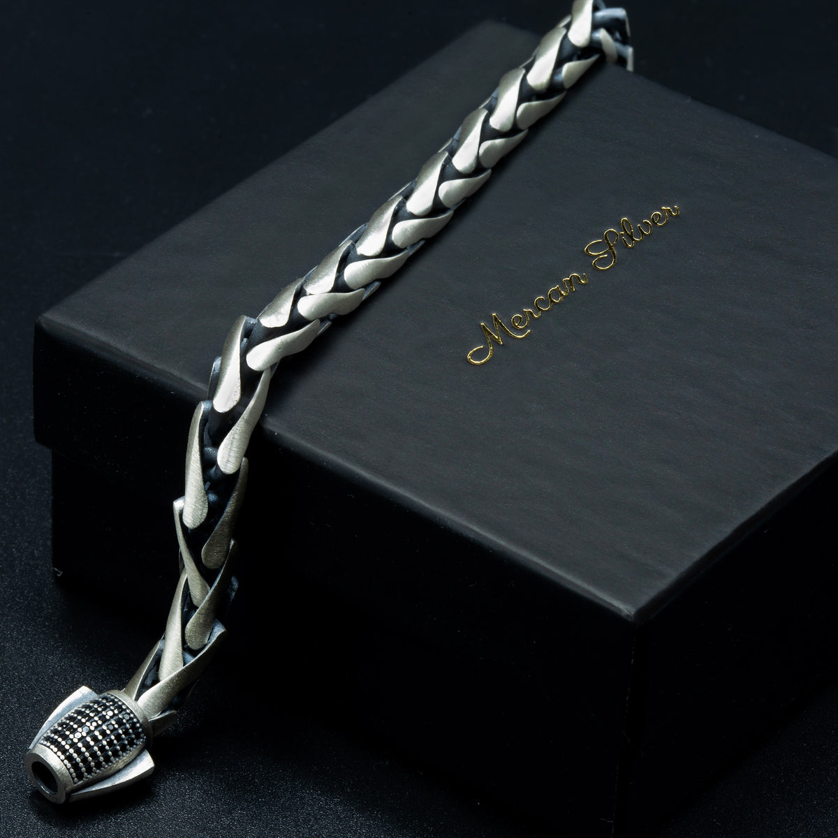 Pulsera de plata 925 hecha a mano para hombre con cadena redonda y gema de ónix.