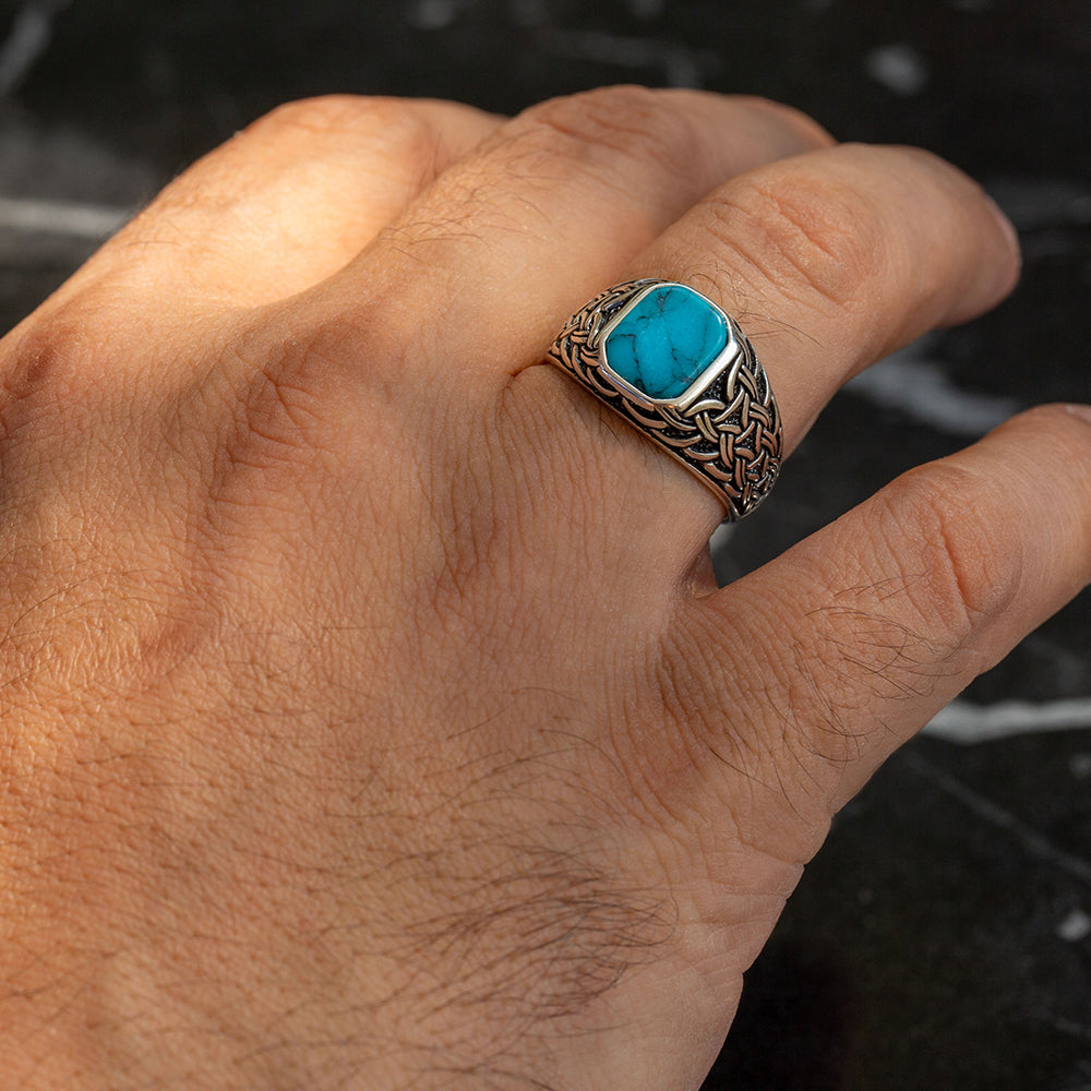 Men Silver Minimal Turquoise Signet Ring