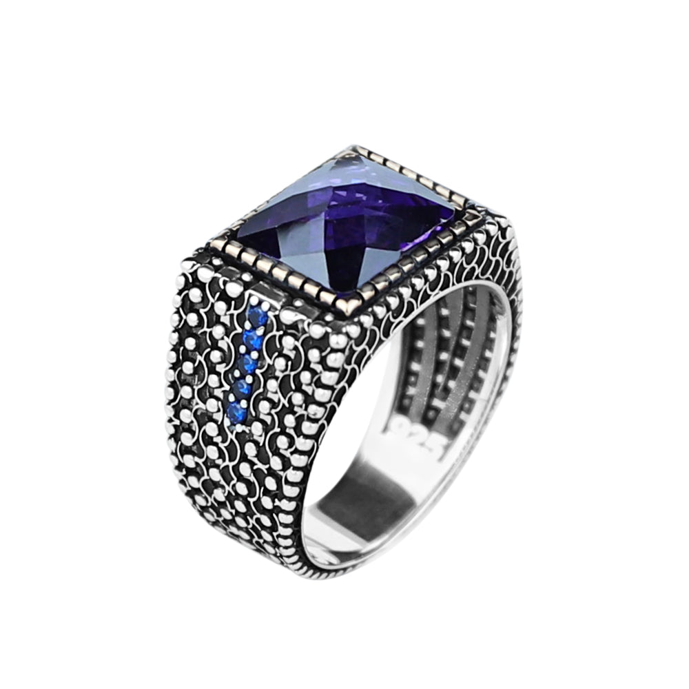 925 Sterling Silver Men Minimal Purple Amethyst Gemstone Ring