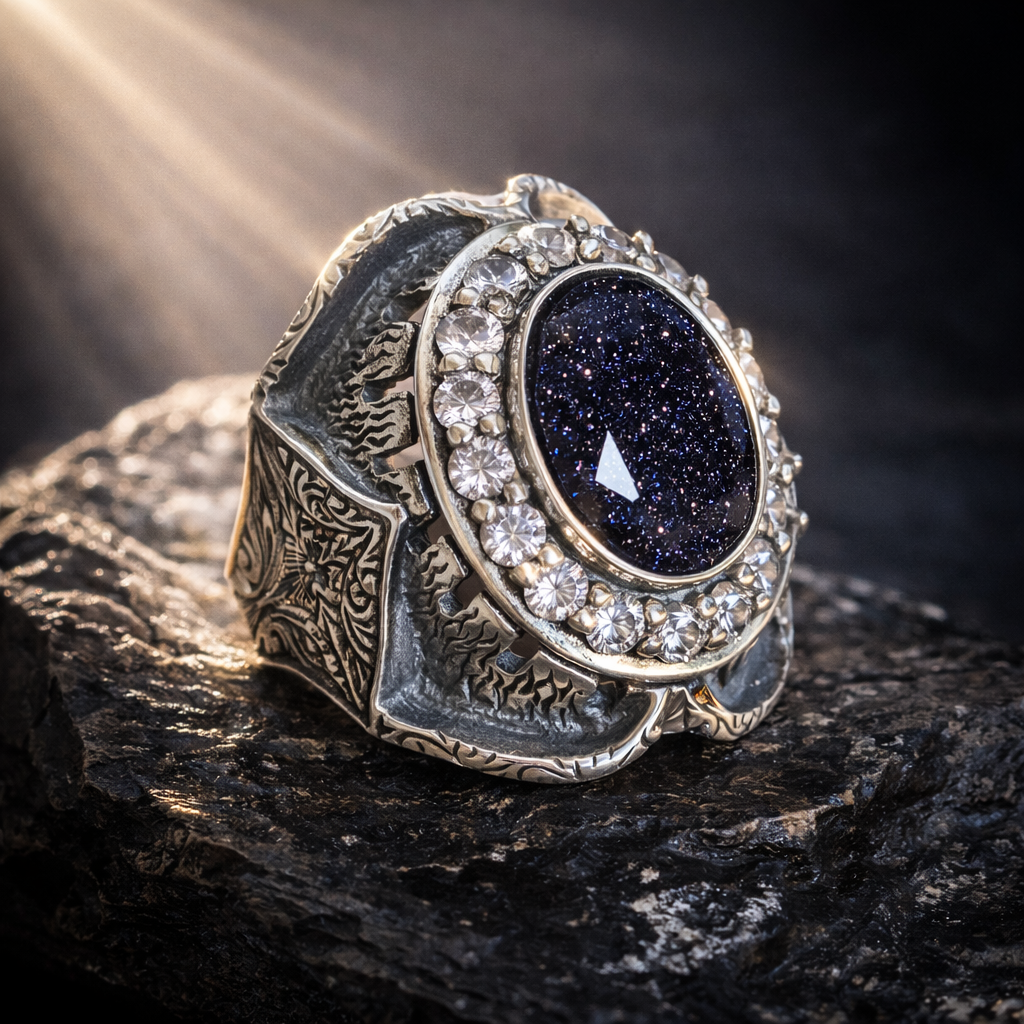 925 Sterling Silver Star Stone Hand-Engraved Ottoman Style Ring