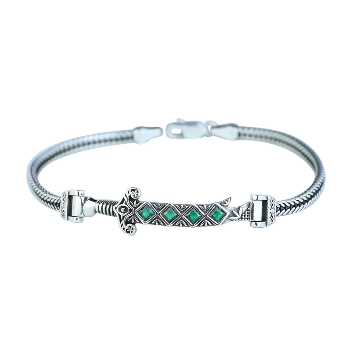 Men Silver Emerald Sword Chain Bracelet, Silver Zulfiqar Sword Bracelet