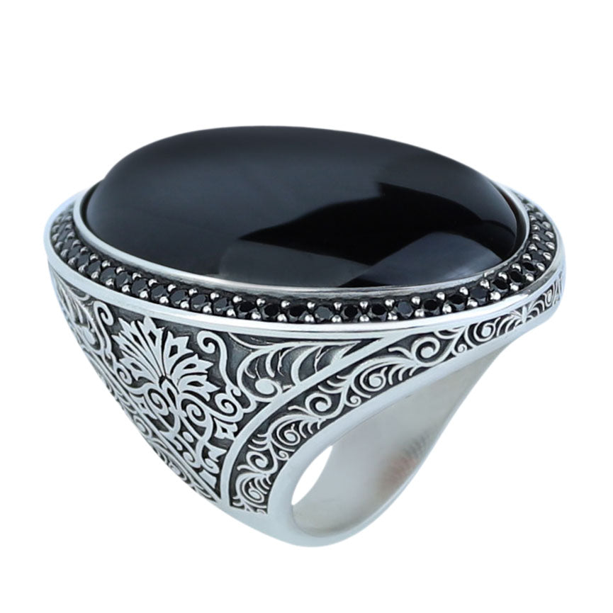 Men 925 Silver Large Onyx Ring, Engraved Black Onyx Ring, Vintage Men Onyx Ring, Ottoman Sterling Silver Ring, Ottoman Jewelry