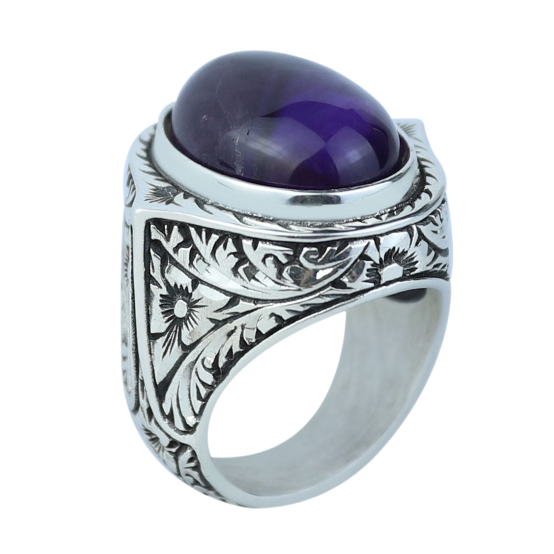 Men Silver Natural Amethyst Ring, Engraved Hanmdade Amethyst Ring, Handmade Engraved Ring, Purple Gemstone Ring, Vintage Silver Ring