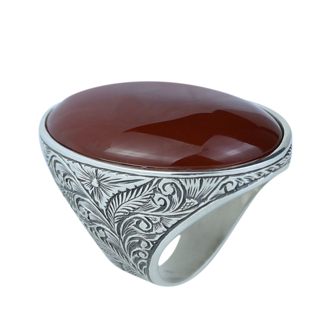 Men Handmade Red Agate Stone Ring, Large Engraved Carnelian Ring, Large Natural Agate Ring, 925k Sterling Silver Ring, Ottoman Style Ring