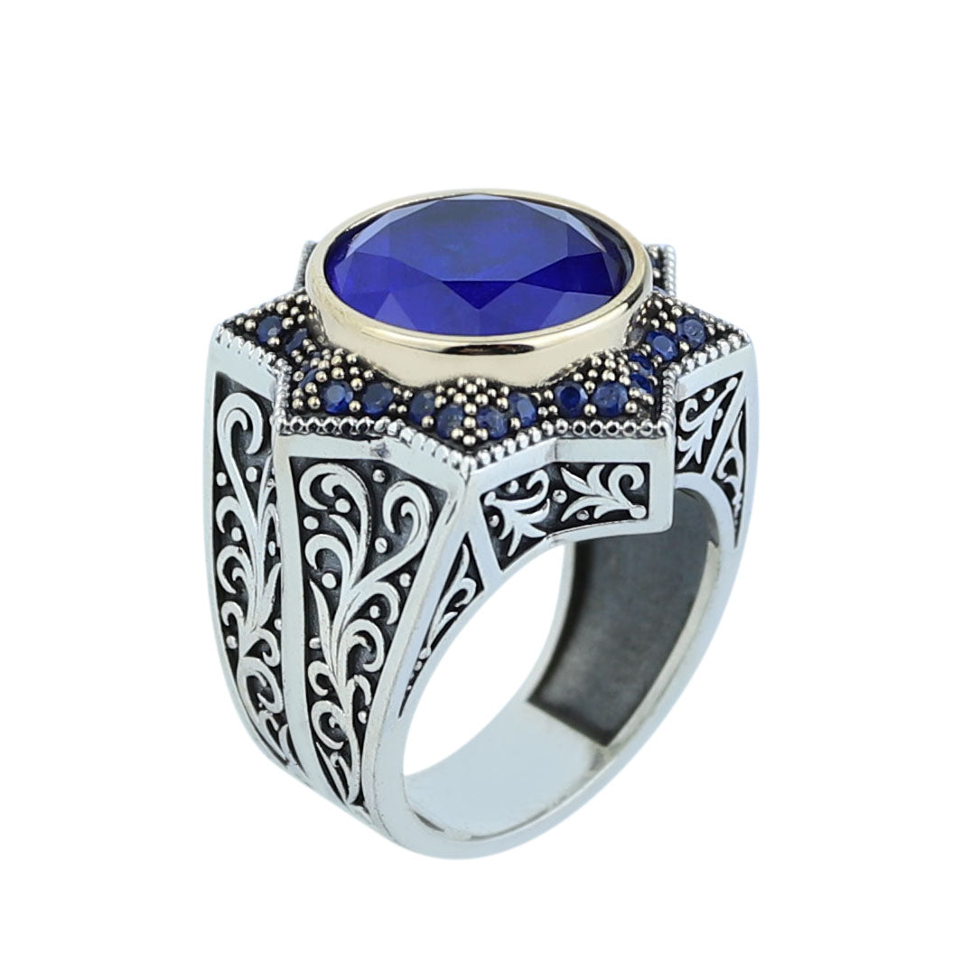 Mens Blue Sapphire Ring, Star Sapphire Gemstone Ring, Turkish Handmade Ottoman Style Ring, Turkish Handmade Ring, 925 Sterling Silver