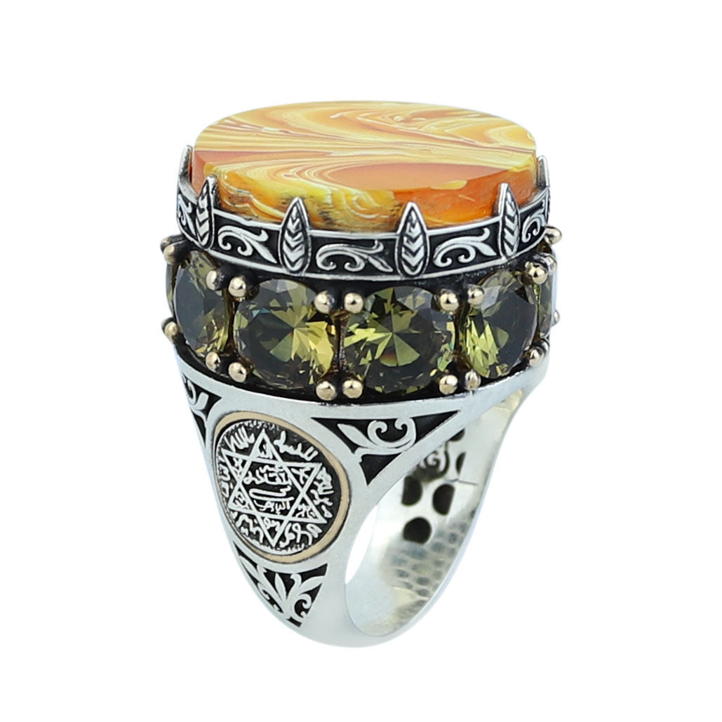 Men Handmade Large Yellow Agate Ring, Solomon Signet Large Natural Aqeeq Gemstone Ring