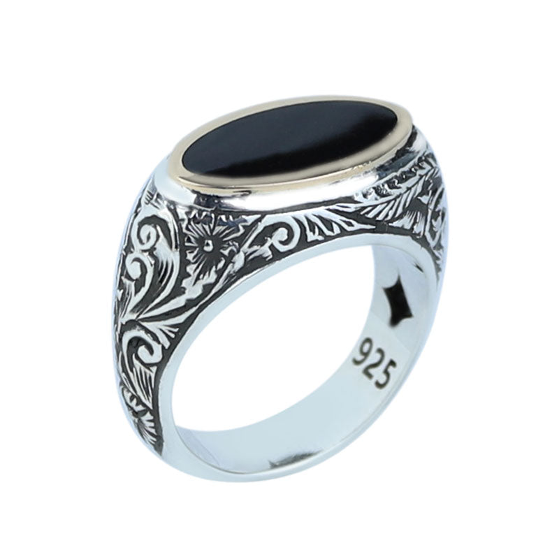 925 Sterling Silver Black Onyx Ring for Men, Vintage Oval Black Stone Signet Ring, Engraved  Style Statement Ring, Intricate Floral Side Design