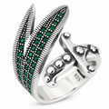 925 Sterling Silver Zulfiqar Sword Ring with Emerald Stone for Men