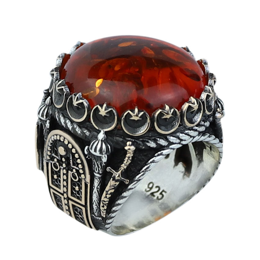 925 Silver Baltic Amber Ring, Man Large Amber Stone Ring, Genuine Amber Ring, Turkish Silver Ring