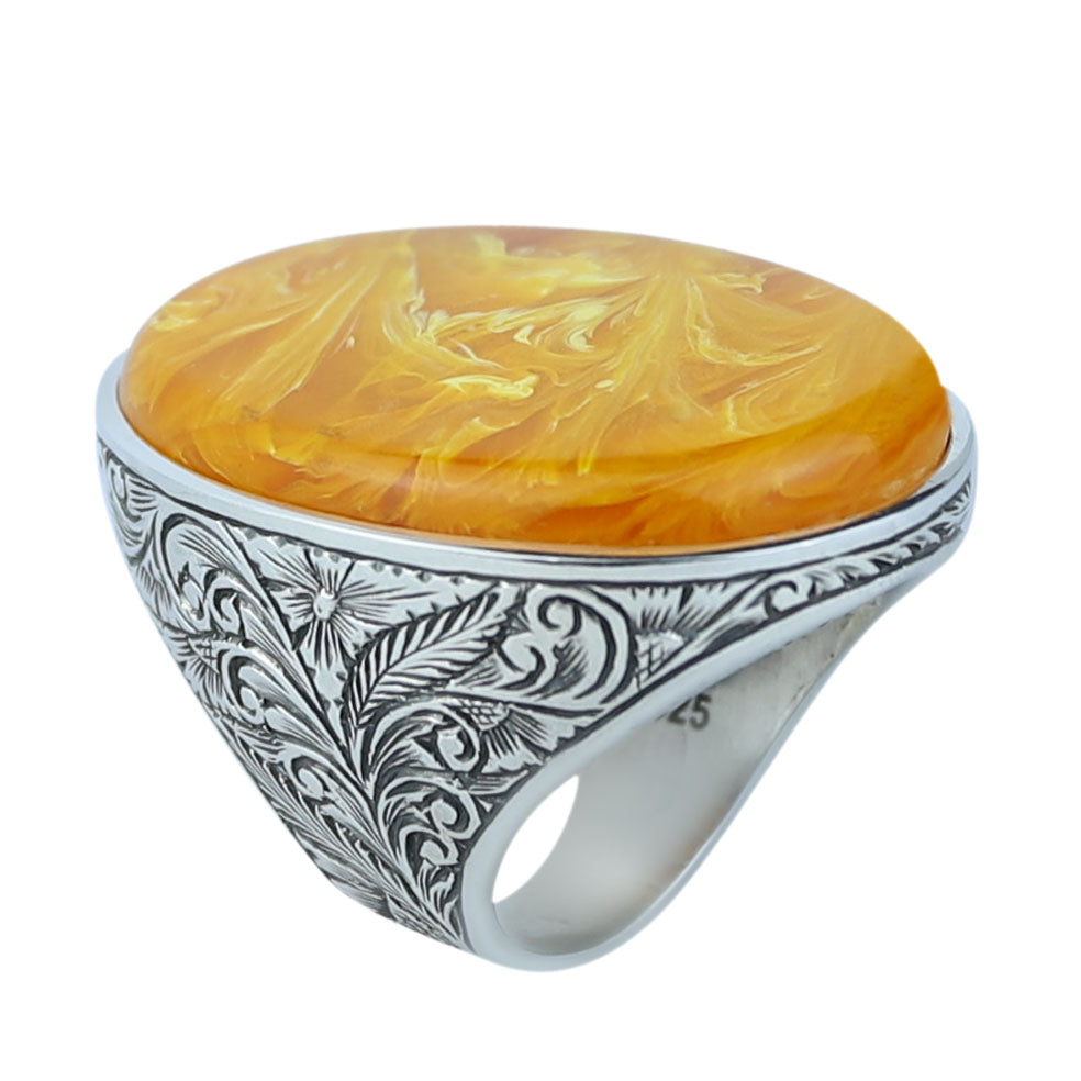 Silver Baltic Amber Ring , Handmade Unisex Large Amber Stone Ring , Turkish Silver Ring , Ottoman Style Embroidered Men's Ring