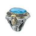 Silver Aquamarine Stone Leon Signet Ring, Wolf Figured Signet Ring, King Leon Signet Ring, Large Silver Ring, Blue Stone Men Ring