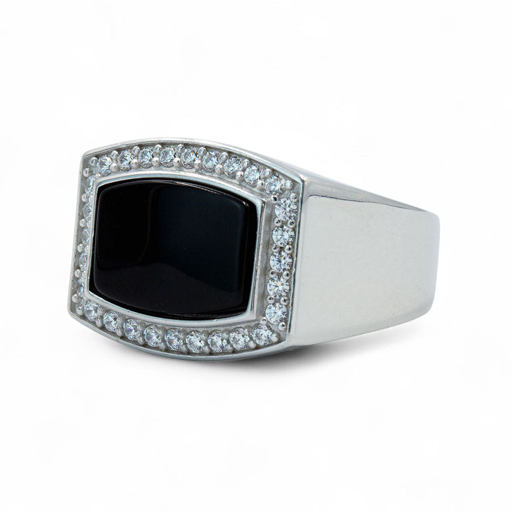 Men Silver Square Black Onyx Gemstone Ring