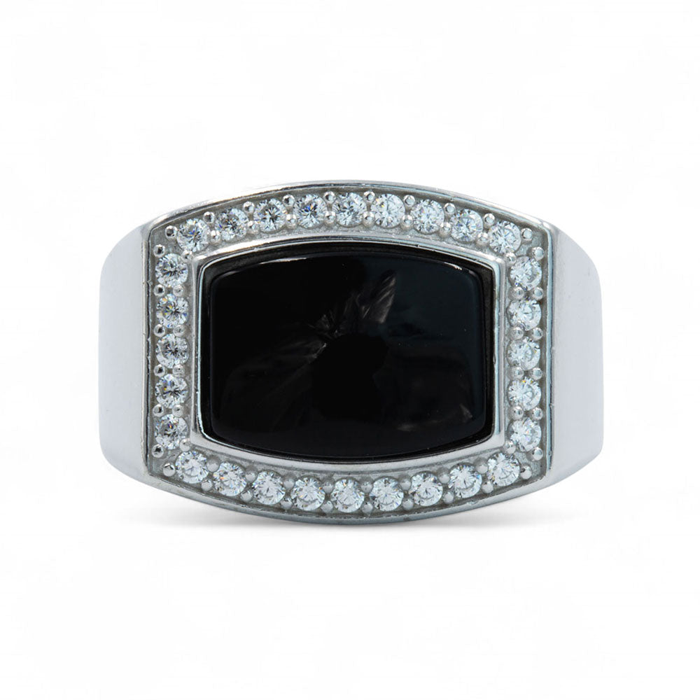Men Silver Square Black Onyx Gemstone Ring