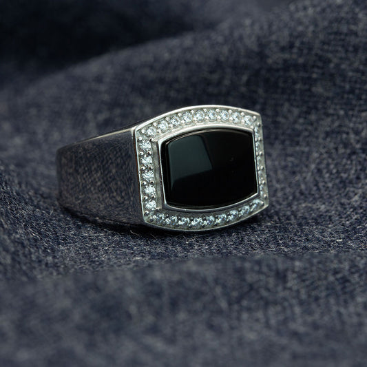 Men Silver Square Black Onyx Gemstone Ring